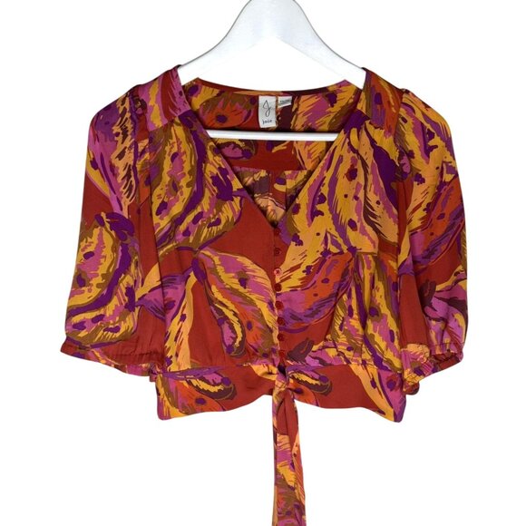 Joie Orange Floral Cropped Blouse w/ Tie, Puffy Sleeves, Size XS - Picture 1 of 8